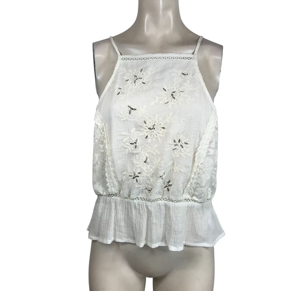 IDYLLWIND - WOMEN'S SMALL - WHITE SPAGHETTI STRAP GATHERED WAIST FLORAL TOP
